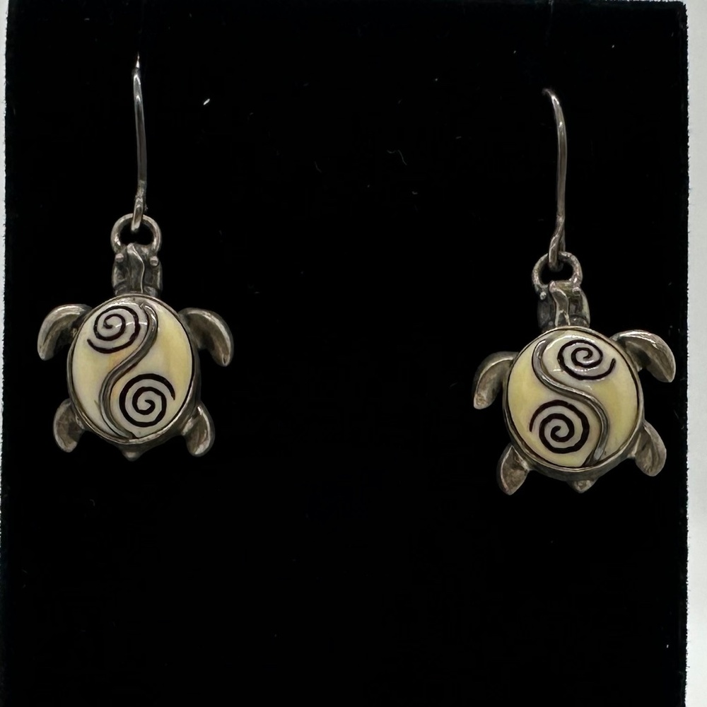 Fossilized Walrus Ivory Silver Sea Turtle Earrings, Handmade - Turtles